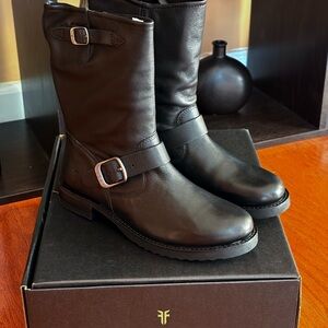 Frye Black Leather Buckle Boots